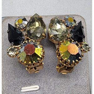 Vintage Designer Aurora Borealis Rhinestone Stud Clip On Earrings Sparkling